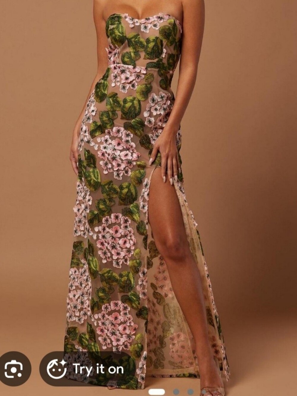 Strapless Pink Floral Embroidered Maxi Dress